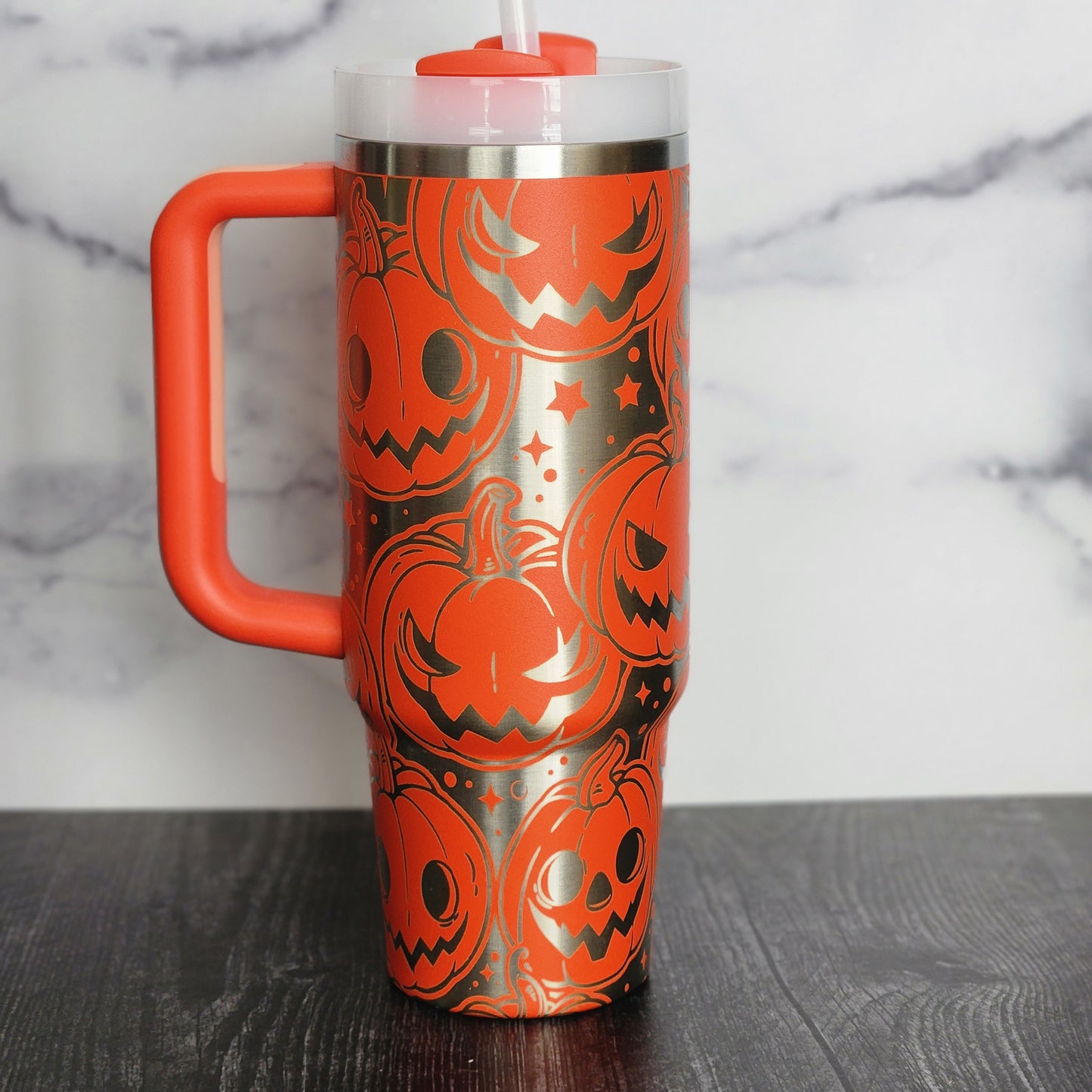 Pumpkin Engraved 40 Oz and 30 Oz Quencher 2.0 | Spooky Jack O latern| Full wrap engraved Stanley | Halloween Accessory| Skeleton Bones