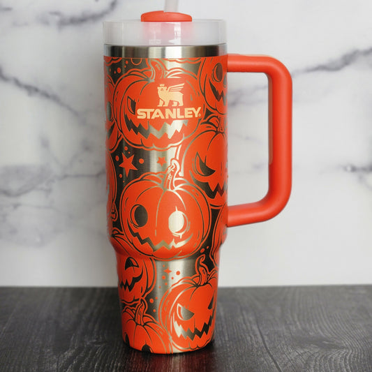 Pumpkin Engraved 40 Oz and 30 Oz Quencher 2.0 | Spooky Jack O latern| Full wrap engraved Stanley | Halloween Accessory| Skeleton Bones
