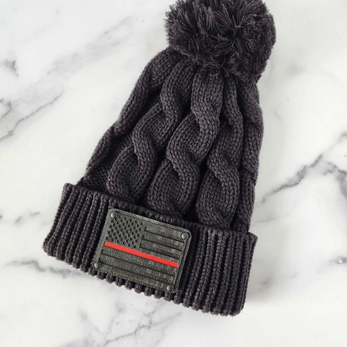 Black Flag Wood Patch Richardson Chunky Twist Cuffed Knit Beanie with Pom Pom | Unique Gifts for Him or Her | First Responder Gift