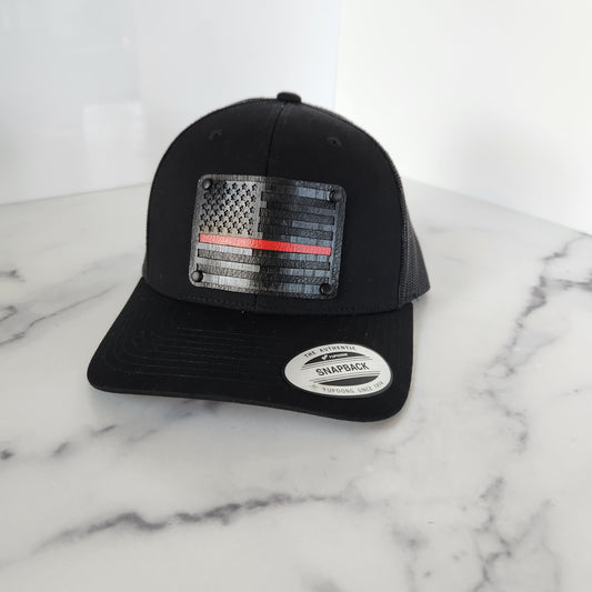 Flex Fit Trucker Hat with Black Red Line Flag Wooden Patch