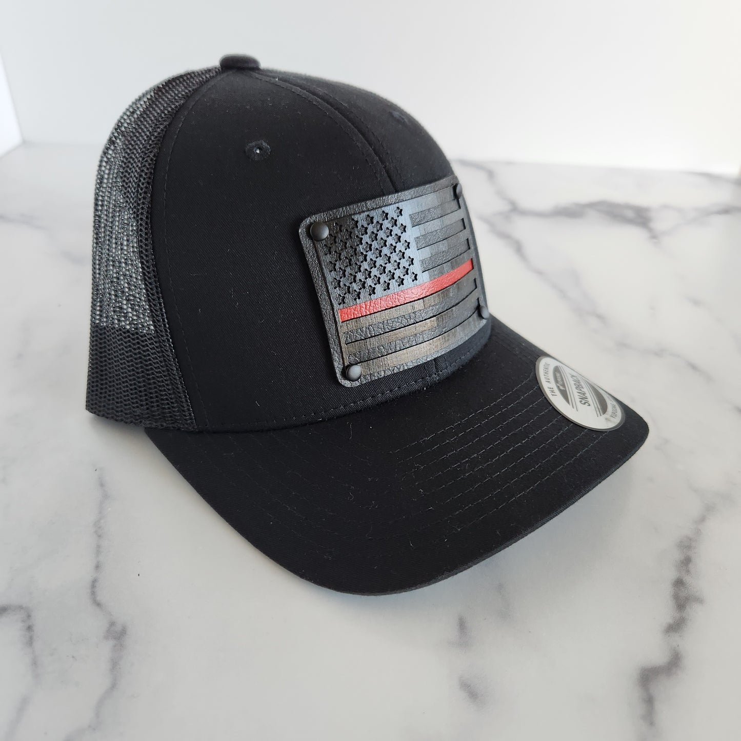 Flex Fit Trucker Hat with Black Red Line Flag Wooden Patch