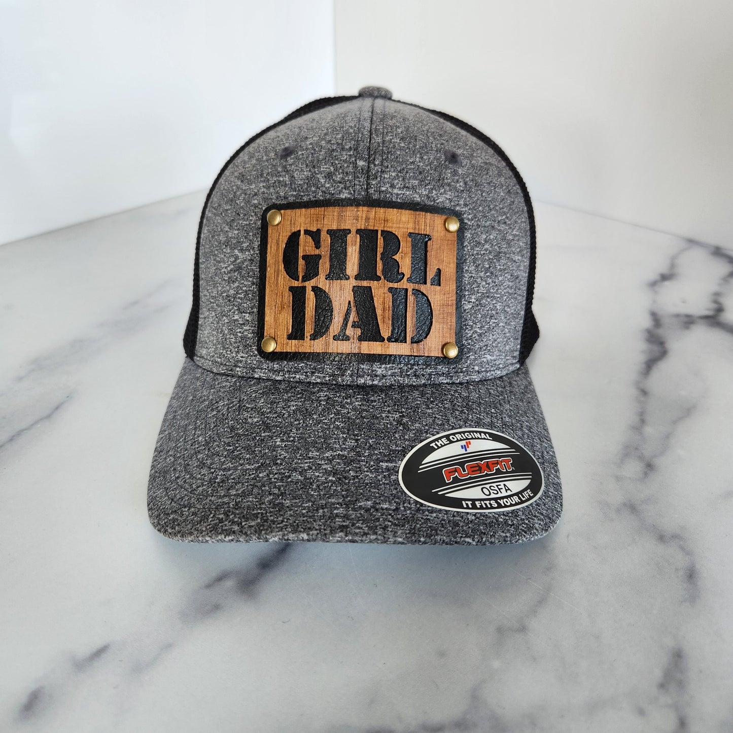 Flex Fit Trucker Hat with Girl Dad Wooden Patch
