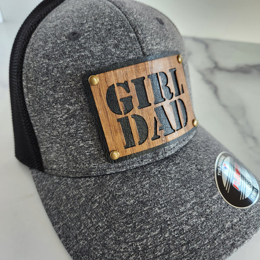 Flex Fit Trucker Hat with Girl Dad Wooden Patch